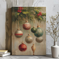 Holiday Oil Painting Canvas Print, Vintage Christmas Ornaments Canvas Wall Art, Festive Christmas Canvas Art, Winter Holiday Home Wall Decor