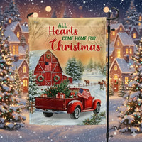 Red Truck Barn Holiday Flag, Farmhouse Christmas Garden Flag, All Hearts Come Home Winter Flag, Rustic Americana Yard Flag Decor