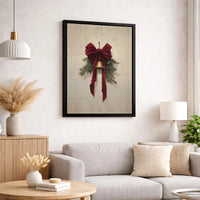 Rustic Red Velvet Bow Canvas Print, Christmas Jingle Bell Wall Art, Pine Branch Holiday Canvas Decor, Winter Farmhouse Seasonal Wall Art