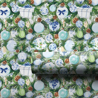 Blue and White Ornament Gift Wrap, Chinoiserie Christmas Wrapping Paper, Watercolor Pine Wrapping Paper Roll, Elegant Holiday Present Wrap