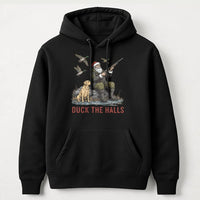 Santa Duck Hunting Labrador Sweatshirt, Duck the Halls Christmas Hoodie, Humorous Xmas Hunter Hoodie, Holiday Outdoorsman Hooded Sweater