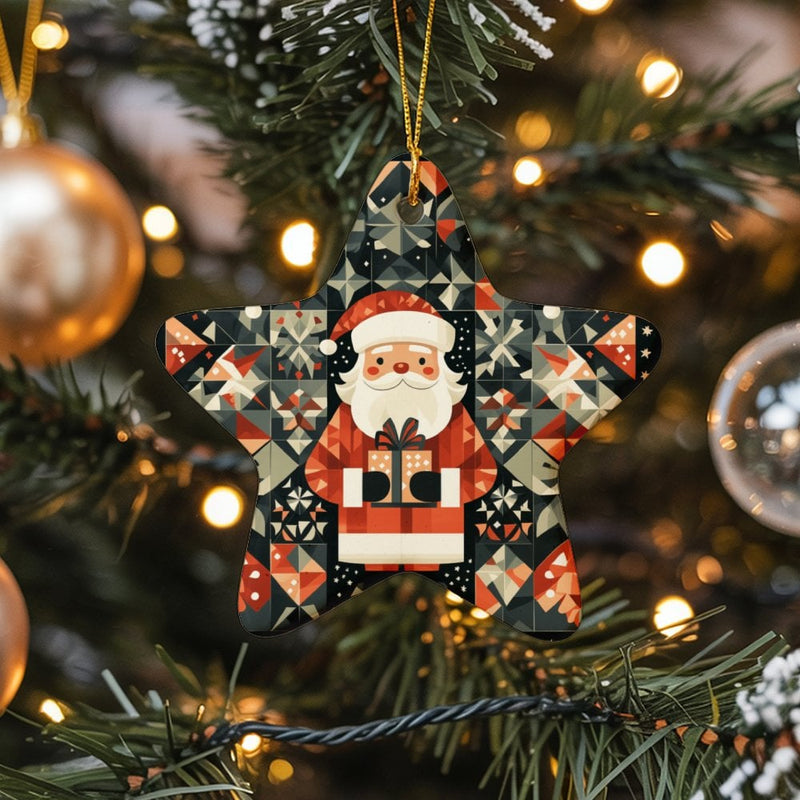 Quilted Pattern Star Ornament, Geometric Quilt Santa Star Ornament, Ceramic Christmas Tree Decor, Star Ornament Holiday Present for Family