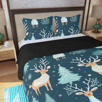 Winter Forest Bedding Set, Christmas Deer Duvet Cover Set, Holiday Animal Quilt Cover, Woodland Deer Bedding Set, Festive Bedroom Decor Present