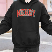 Retro Varsity Lettering Holiday Hooded Sweatshirt, Merry Christmas Hoodie, Vintage Aesthetic Xmas Pullover, Comfy Winter Sweatshirt Present