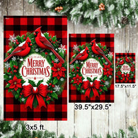 Merry Christmas Buffalo Plaid Wreath Yard Flag, Christmas Cardinal Garden Flag, Double-Sided Winter Bird Lawn Flag, Holiday Home Decor