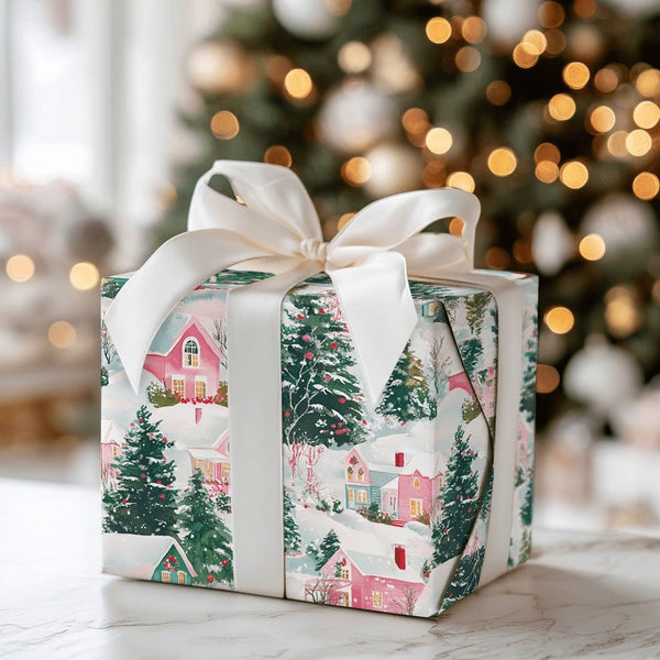 Watercolor Holiday Gift Wrap, Pastel Winter Village Christmas Wrapping Paper, Pink Green Christmas Tree Wrap, Comfy Snowy Vil