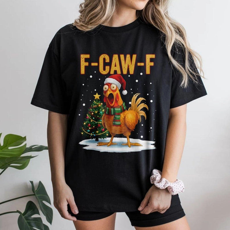 Santa Hat Rooster Graphic Shirt, Chicken F-Caw-F Christmas T-Shirt, Humorous Farm Holiday Pun Tee, Sarcastic Xmas Poultry T-Shirt, Farmer Present