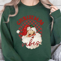 Checkered Santa Claus Crewneck, Retro Christmas Vibes Sweatshirt, Vintage Holiday Groovy Sweater, Comfy Adorable Xmas Graphic Pullover for Women