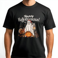 Ghost Santa Hat Thanksgiving Tee, Happy Hallothankmas Shirt, Hallothankmas Halloween Christmas Mashup T-Shirt, Turkey Pumpkin Cat Shirt