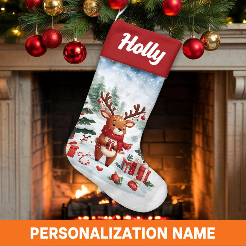 Snow Scene Winter Holiday Stocking, Adorable Reindeer Christmas Stocking, Personalized Christmas Stocking, Kids Family Mantle Decor Present