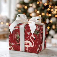 Red Snowy Flamingo Gift Wrap, Tropical Christmas Wrapping Paper, Pink Flamingo Holiday Wrapping Paper, Festive Seasonal Present Gift Wrap