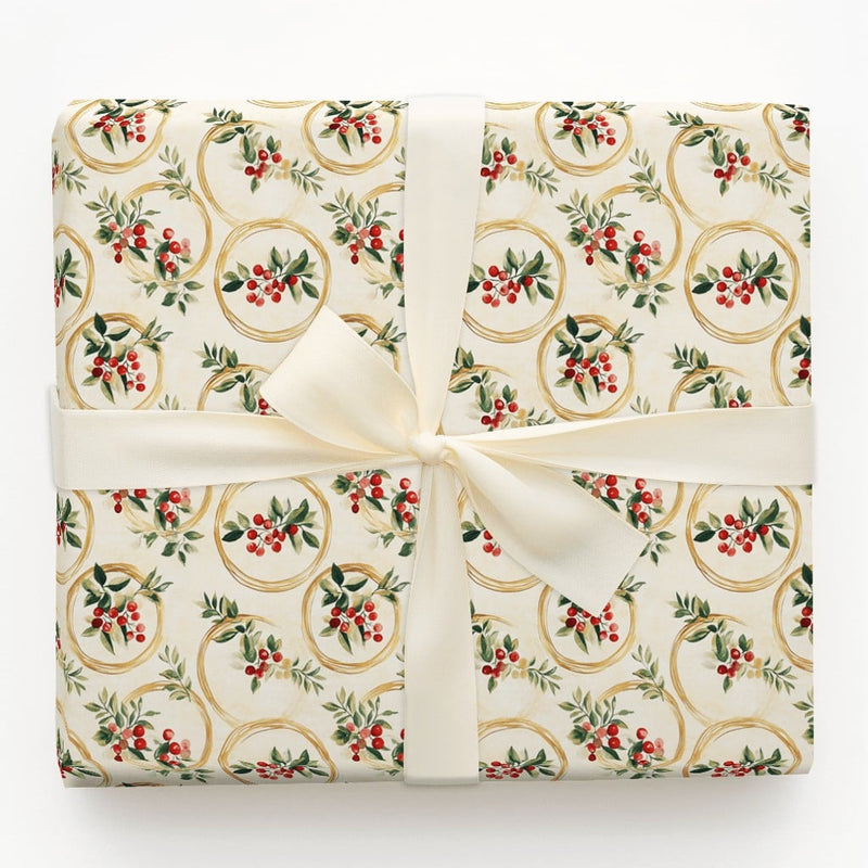 Gold Ring Holiday Gift Wrap, Watercolor Red Berry Christmas Wrapping Paper, Botanical Berry Wrapping Paper, Elegant Xmas Gift Wrapping Paper