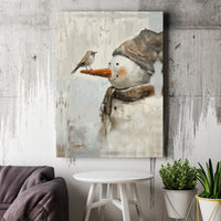 Rustic Winter Oil Painting Poster, Snowman and Bird Canvas Wall Art Print, Farmhouse Christmas Holiday Decor, Digital Download Present