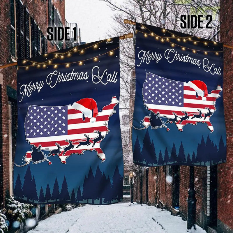 Patriotic American Flag USA Map Yard Flag, Merry Christmas Y'all Garden Flag, Southern Holiday Lawn Banner, Winter Xmas Decor Present