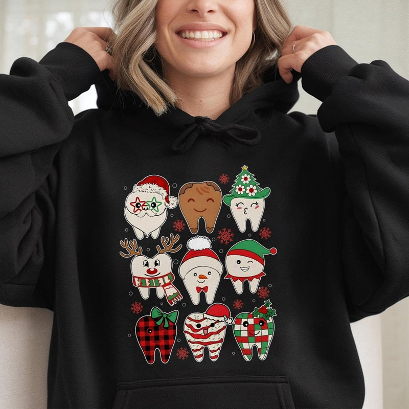 Adorable Holiday Tooth Hooded Sweatshirt, Christmas Dental Hoodie, Dentist Hygienist Xmas Pullover, Dental Office Crewneck Present