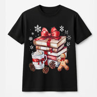 Holiday Book Stack Graphic T-Shirt, Christmas Book Lover T-Shirt, Gingerbread Coffee Reader T-Shirt, Comfy Bookish Christmas Tee Present