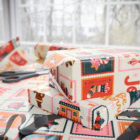 Retro Stamp Christmas Gift Wrap Roll, Black Santa Girl Wrapping Paper, Melanin Santa Holiday Wrapping Paper, Festive Present Wrap