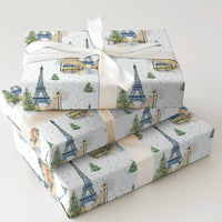 Snowy Eiffel Tower Gift Wrap, Paris Christmas Wrapping Paper, Watercolor France Holiday Wrapping Paper, Winter City Gift Wrap, Travel Paper