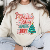 Preppy Coquette Christmas Tree Crewneck, O Come Let Us Adore Him Sweatshirt, Christian Holiday Hymn Sweater, Religious Xmas Pullover