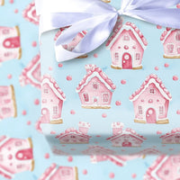 Pastel Christmas Wrapping Paper, Pink Gingerbread House Wrapping Paper, Watercolor Holiday Gift Wrap, Adorable Winter Present Wrapping Paper