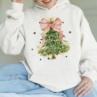 Coquette Bow Holiday Pullover, Watercolor Christmas Tree Hoodie, Aesthetic Winter Season Sweatshirt, Adorable Xmas Tree Hoodie