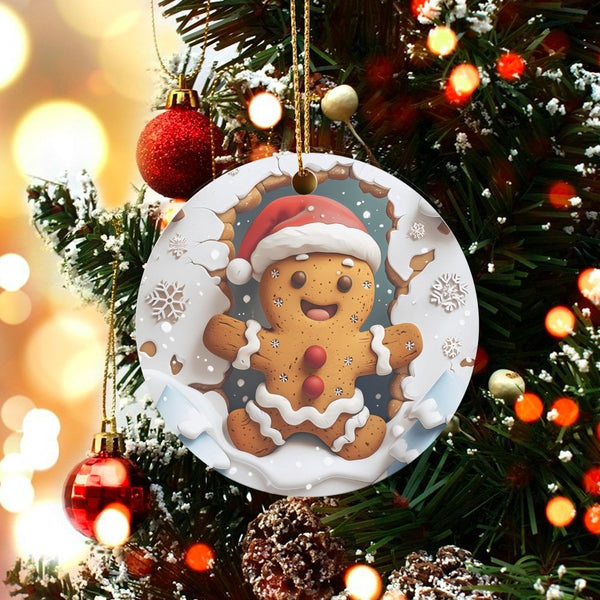 Santa Hat Holiday Tree Ornament, Gingerbread Man Christmas Ornament, Adorable Winter Ceramic Ornament, Festive Holiday Keepsa