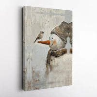 Winter Wonderland Wall Art, Snowman with Bird Canvas Print, Whimsical Holiday Canvas Art, Christmas Snowman Wall Decor, Winter Season Present