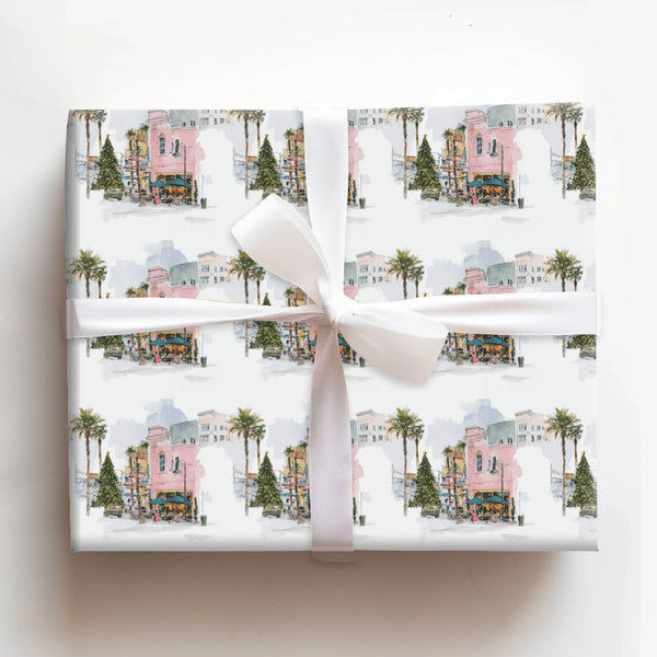 Tropical Palm Tree Gift Wrap, Coastal Christmas Wrapping Paper, Watercolor Cityscape Wrapping Paper, Warm Holiday Season Wrap