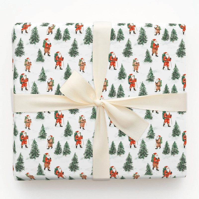 Snowy Pine Forest Gift Wrap, Hiking Santa Christmas Wrapping Paper, Outdoor Adventurer Holiday Wrapping Paper, Hiker Winter Gift Wrap Roll