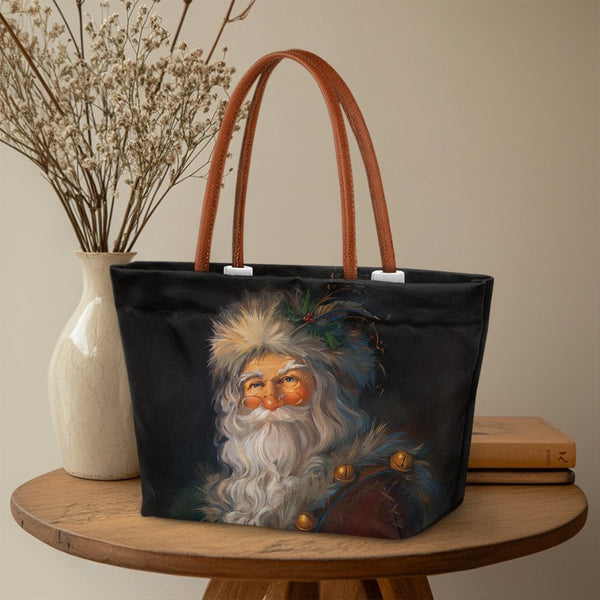 Christmas Oil Painting Shoulder Tote Bag, Vintage Santa Claus Tote Bag, Holiday Everyday Handbag Tote, Festive Winter Travel 