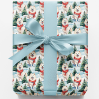 Snowy Forest Puppy Gift Wrap, Samoyed Dog Christmas Wrapping Paper, Adorable Samoyed Dog Wrapping Paper, Winter Holiday Present Wrap, Dog Present
