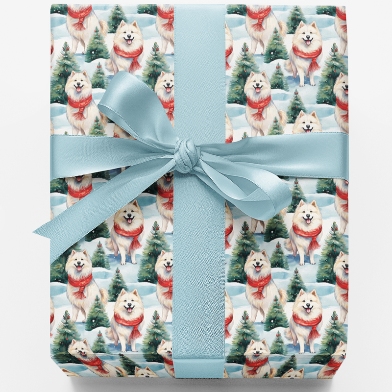 Snowy Forest Puppy Gift Wrap, Samoyed Dog Christmas Wrapping Paper, Adorable Samoyed Dog Wrapping Paper, Winter Holiday Present Wrap, Dog Present