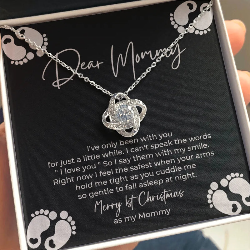 Love Knot Pendant Necklace, First Christmas Mommy Necklace, Cubic Zirconia New Mom Necklace, 14k White Gold Over Stainless Steel Present