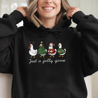 Adorable Santa Duck Christmas Graphic Hooded Sweatshirt, Just A Jolly Goose Hoodie, Silly Honk Xmas Pullover, Humorous Winter Animal Lover Jumper