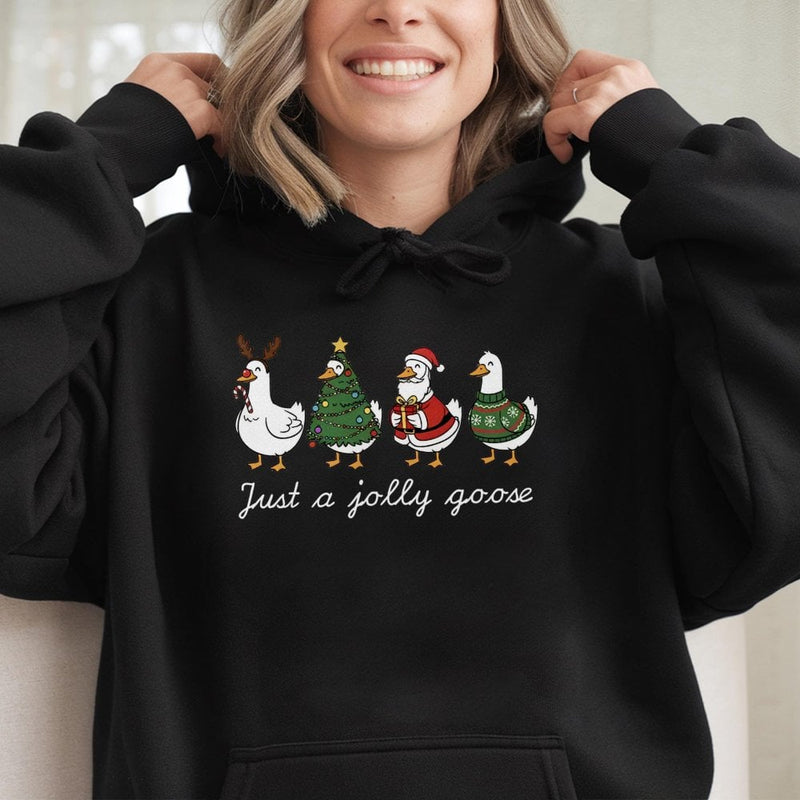 Adorable Santa Duck Christmas Graphic Hooded Sweatshirt, Just A Jolly Goose Hoodie, Silly Honk Xmas Pullover, Humorous Winter Animal Lover Jumper