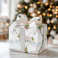 Watercolor Town Square Gift Wrap, Ice Skating Winter Village Wrapping Paper, Festive Christmas Wrapping Paper, Holiday Season Gift Wrap Roll