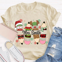 Custom Name Pencil Snowflake Shirt, Personalized Christmas T-Shirt, Teacher Holiday Graphic Tee, Custom Xmas T-Shirt, Holiday Season Present