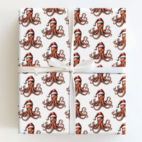 Santa Hat Sea Life Gift Wrap, Coastal Christmas Octopus Wrapping Paper, Nautical Holiday Present Paper, Whimsical Ocean Xmas Wrapping Paper