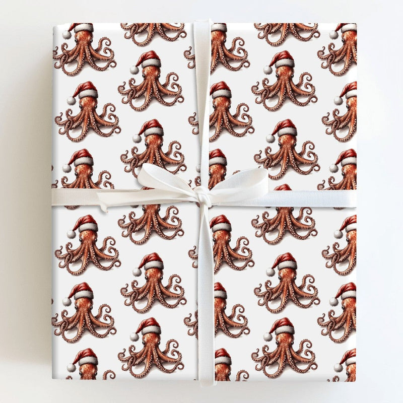 Santa Hat Sea Life Gift Wrap, Coastal Christmas Octopus Wrapping Paper, Nautical Holiday Present Paper, Whimsical Ocean Xmas Wrapping Paper