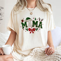Santa Hat Bow Graphic Tee, Christmas Mama T-Shirt, Adorable Holiday Mom Shirt, Festive Xmas Mommy T-Shirt, Family Winter Apparel Present