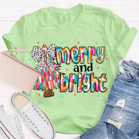 Festive Holiday Graphic Tee, Merry and Bright Tie Dye Tree Shirt, Christmas Tree T-Shirt, Retro Xmas Party Top, Family Holiday Present Tee