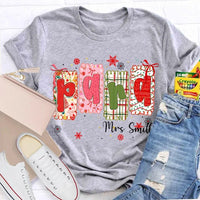 Custom Name Holiday Graphic Tee, Personalized Color Block Christmas T-Shirt, Matching Family Xmas Shirt, Festive Present Top