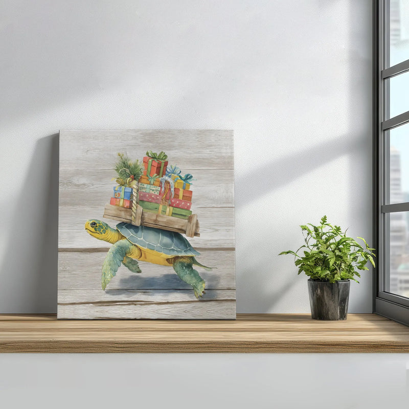 Watercolor Holiday Presents Turtle Canvas Print, Christmas Sea Turtle Canvas Wall Art, Coastal Xmas Canvas, Turtle Lover Canvas Present