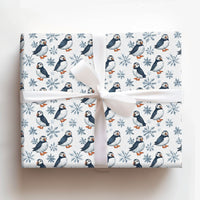 Winter Snowflake Gift Wrap, Puffin Bird Wrapping Paper, Adorable Arctic Animal Wrapping Paper, Christmas Holiday Gift Wrap Roll, Birthday Paper