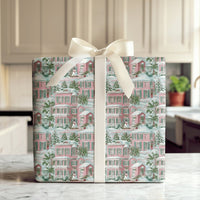Pink Southern House Gift Wrap, Coastal Christmas Wrapping Paper, Palm Tree Holiday Wrapping Paper, Beach Xmas Gift Wrap, Winter Present Wrap