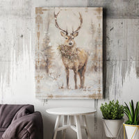 Snowy Winter Forest Deer Portrait, Christmas Stag Canvas Wall Art, Rustic Holiday Lodge Decor Print, Festive Farmhouse Stag Art Canvas