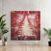 Rustic Winter Christmas Tree Canvas Print, Textured White Pine Crimson Snowfall Canvas Art, Holiday Forest Canvas Wall Art, Seasonal Decor