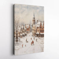 Snowy European Town Watercolor Canvas, Winter Village Canvas Wall Art, Comfy Christmas Town Wall Decor, Holiday Landscape Art Print