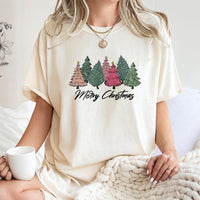 Pink and Green Hand-Drawn Tree Graphic Tee, Merry Christmas T-Shirt, Adorable Holiday Xmas Shirt, Festive Winter Apparel Present