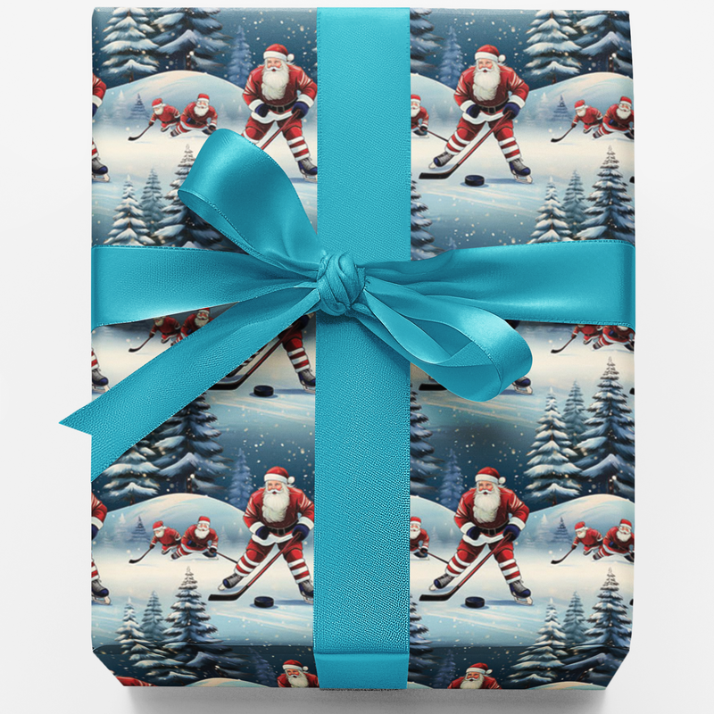 North Pole Faceoff Print Wrapping Paper, Hockey Santa Gift Wrap Paper, Ice Hockey Christmas Gift Wrap Roll